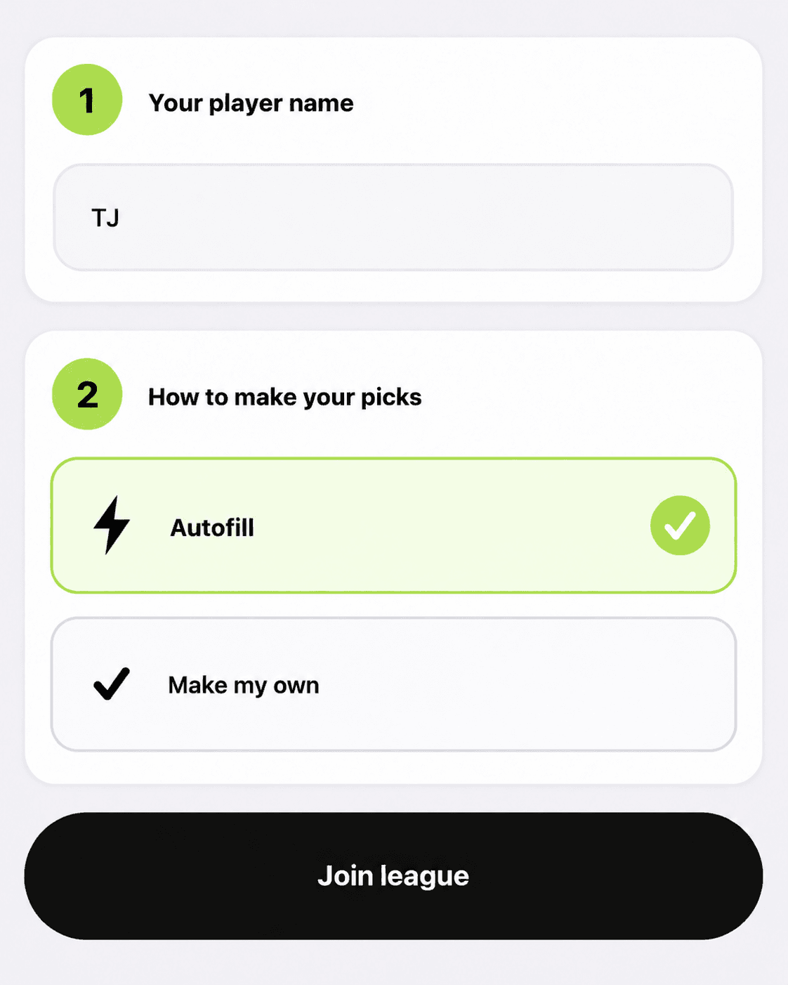 Player name TJ, selected Autofill option, and enabled Join league button