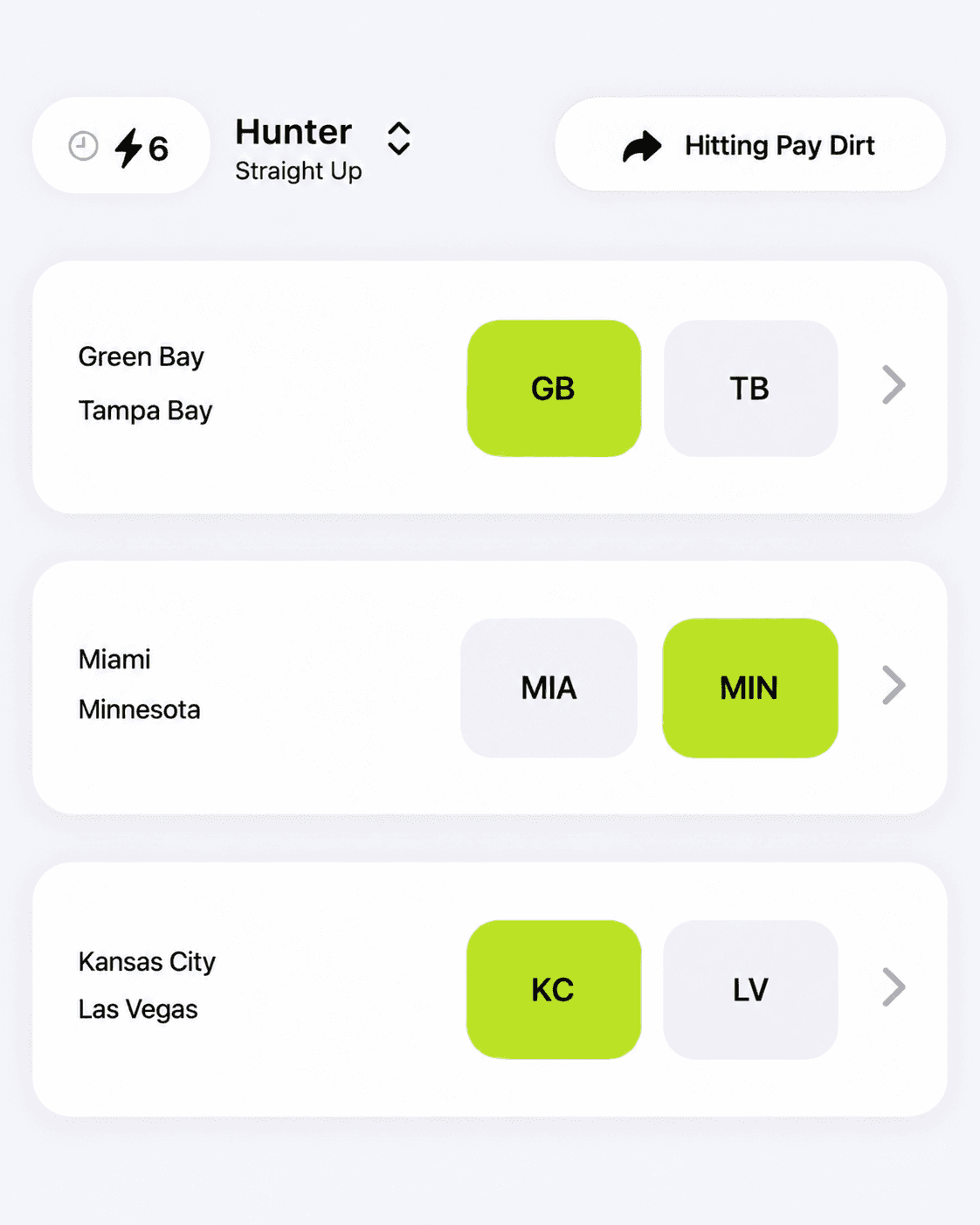 Hitting Pay Dirt weekly football picks with selected teams highlighted in lime